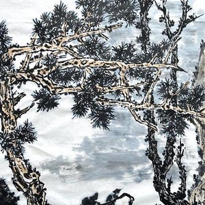 Pine Trees And Stones Under The Full Moon, Original Chinese Ink and Wash Painting, Hand Painting, Chinese Landscape Wall Hangings (Unframed)