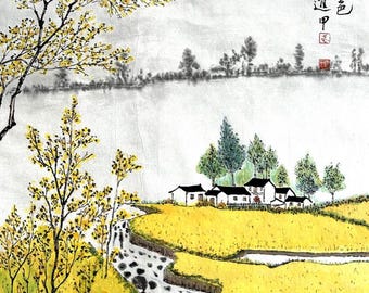 Water Village in Spring. A Chinese landscape painting (small format), customizable for home wall decoration (Unframed)