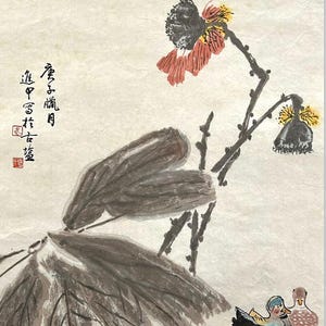 Lotus and Roots. Original Chinese flower and bird painting miniature. Hand-painted wall decor for homes, customizable (Unframed)
