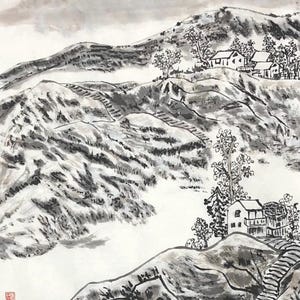 Mountain Retreat. Original Chinese ink wash landscape painting miniature. Hand-painted wall decor for homes, customizable (Unframed)