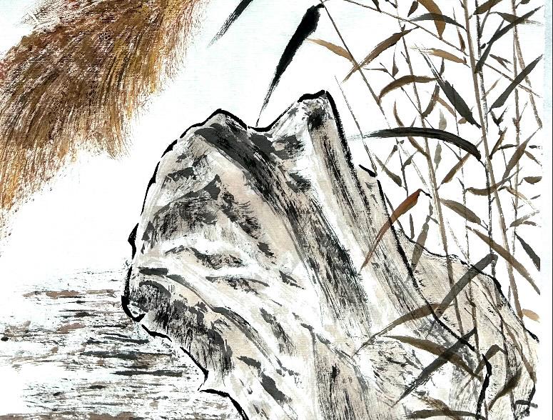 Among The Reeds Blue Bird Among the Reeds, Original Chinese Ink Wash Painting, Hand ...