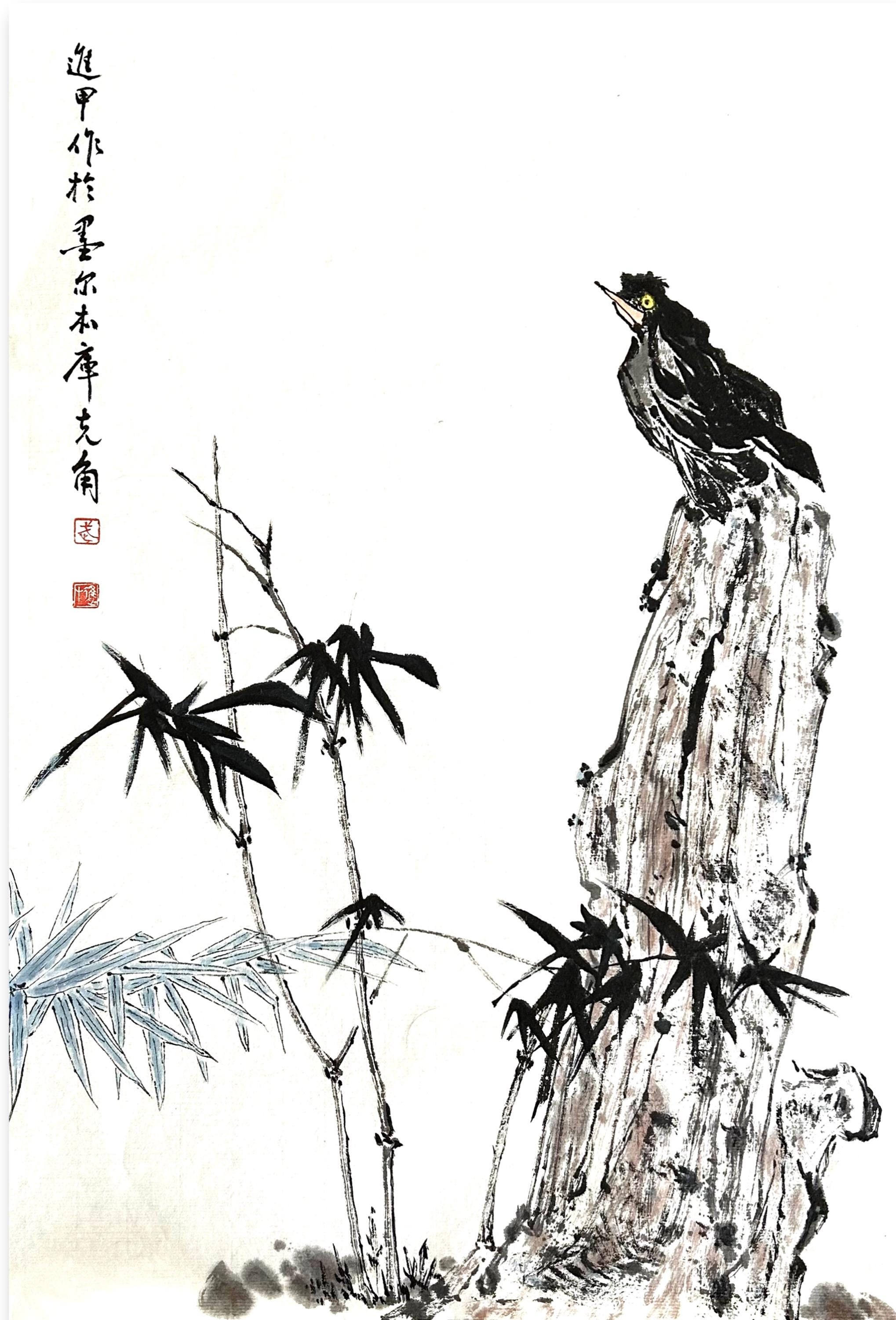 竹と鳥の絵画。手描きのオリジナル中国の花鳥画。ご自宅の装飾に最適