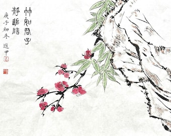 Pflaume und Bambus. Original chinesische Tuschemalerei, Blumen- und Vogelmalerei. Handgemalte Wanddekoration, personalisierbar(Ungerahmt)