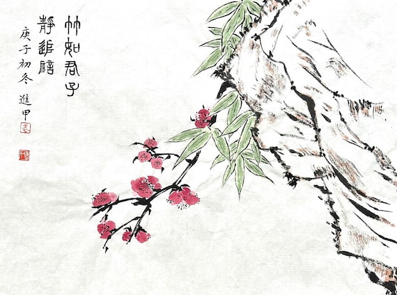 梅と竹。オリジナルの中国水墨画による花鳥画。手描きの壁飾り 