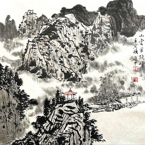 Clouds Encircling the Peaks. Original Chinese Ink Landscape Painting. Hand-painted home wall decoration, customizable (Unframed)