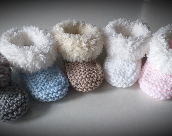 Lovely pair of hand knitted Fur Cuff baby booties - Newborn - 0 - 3 months - 3 - 6 months - Choice of Colours - Gift - Baby Shower