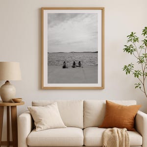 Black and White Coastal Wall Art – Minimalist Digital Print of Women by the Sea | Printable Photo for Living Room or Bedroom Decor