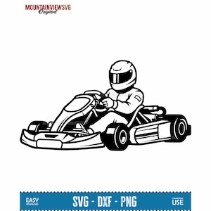 Puede incluir: Ilustración en blanco y negro de un kart con un piloto con casco. El kart tiene cuatro ruedas y un volante. La imagen incluye el texto "MOUNTAINVIEWSVG Original" y "SVG - DXF - PNG".
