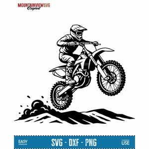 May include: Black and white illustration of a motocross rider on a dirt bike jumping over a hill. The rider is wearing a helmet and riding gear. The image includes the text "MOUNTAINVIEWSVG Original" and "SVG - DXF - PNG".