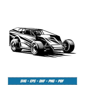 Pode incluir: Ilustração a preto e branco de um carro de corrida. O veículo tem pneus grandes e ranhurados e uma carroçaria aerodinâmica. O texto "SVG - EPS - DHF - PNG - PDF" está incluído na parte inferior.