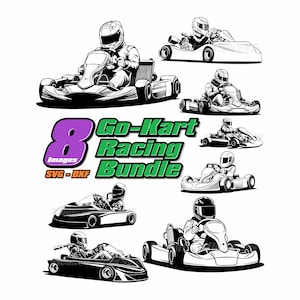 Pode incluir: Ilustração a preto e branco de um pacote de corridas de kart. A imagem apresenta oito karts com pilotos usando capacetes. O texto na imagem diz "8 Images" e "Go-Kart Racing Bundle".