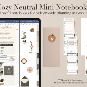 Op de afbeelding: Een set blanco mini-notitieblokken in neutrale kleuren met een minimalistisch ontwerp. De notitieblokken zijn ontworpen voor side-by-side planning in de Goodnotes-app. De afbeelding toont ook stickers met een neutraal kleurenpalet en illustraties van koffiebekers, planten en enveloppen.