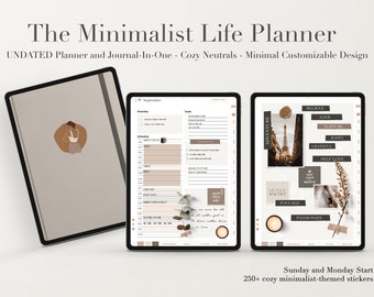 Könnte beinhalten: Ein digitaler Planer mit minimalistischem Design und einer neutralen Farbpalette. Der Planer enthält einen Tagesplan, eine To-Do-Liste und einen Notizbereich. Der Planer enthält auch eine Vielzahl von Aufklebern mit motivierenden Zitaten und Bildern. Der Text auf dem Planer lautet "The Minimalist Life Planner" und "UNDATED Planner and Journal-In-One - Cozy Neutrals - Minimal Customizable Design".