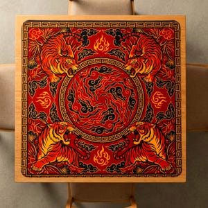 Tiger Mahjong Mat, Red Board Game Pad with Carrying Bag