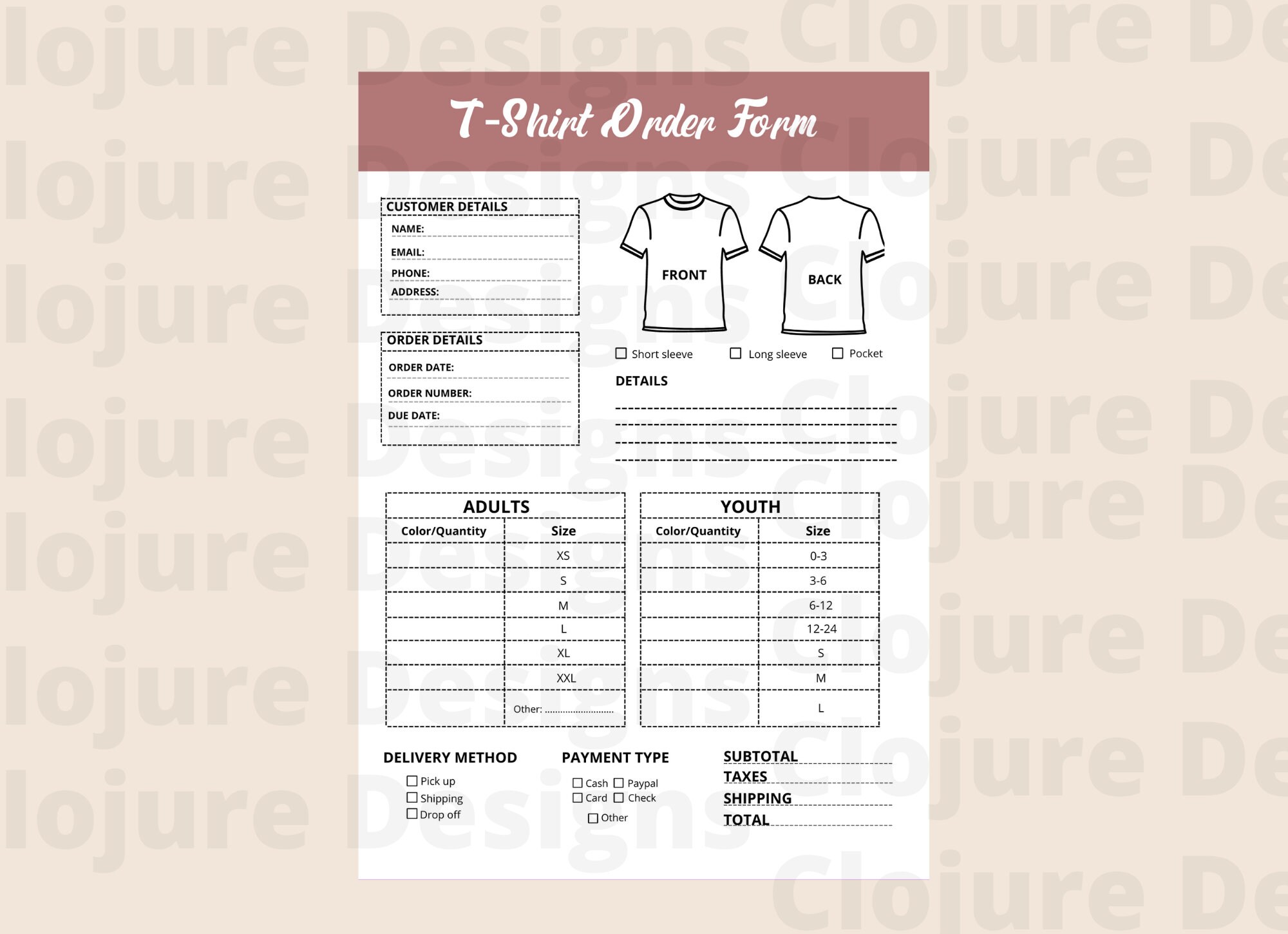 Fillable T-Shirt Order Form Template PDF Digital Download | Etsy