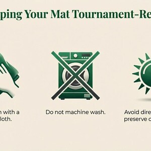 May include: Image with instructions for mat care. It shows a hand wiping with a cloth, a washing machine crossed out, and a sun with a shield. Text reads: Wipe clean with a damp cloth. Do not machine wash. Avoid direct sunlight.