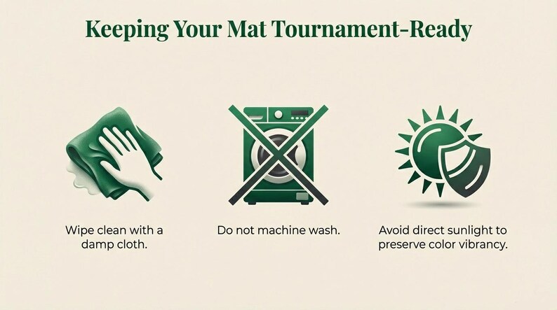 May include: Image with instructions for mat care. It shows a hand wiping with a cloth, a washing machine crossed out, and a sun with a shield. Text reads: Wipe clean with a damp cloth. Do not machine wash. Avoid direct sunlight.