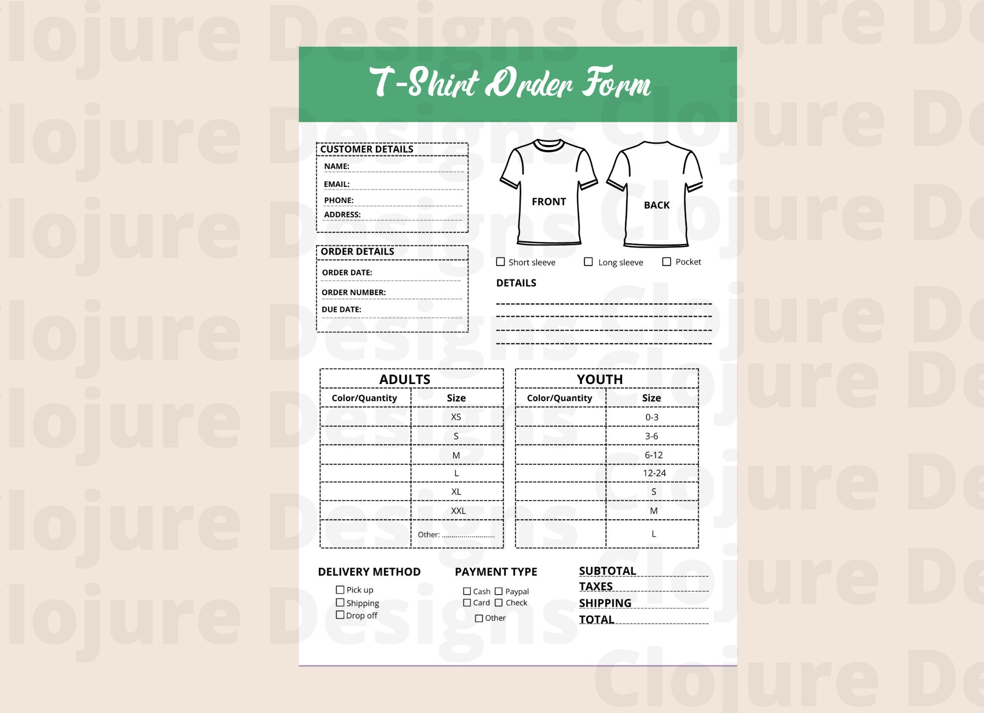 Fillable t shirt order form template pdf digital download etsy