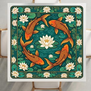 May include: Square decorative table featuring a vibrant illustration of four orange koi fish swimming in a teal pond with white lotus flowers and green lily pads. The design is framed by a green border with floral accents.