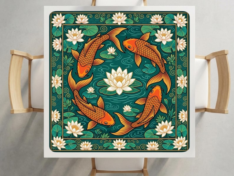 May include: Square decorative table featuring a vibrant illustration of four orange koi fish swimming in a teal pond with white lotus flowers and green lily pads. The design is framed by a green border with floral accents.