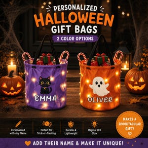 May include: Two cylindrical Halloween gift bags with black handles and integrated LED lights. The purple bag features a black cat and the name EMMA, while the orange bag features a white ghost and the name OLIVER. Both contain small gift boxes.