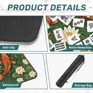 May include: Product details image showing a close-up of a black anti-slip surface, a green and white Mahjong mat with koi fish and lotus flowers, and a black storage bag. The mat is waterproof and designed for noise reduction.