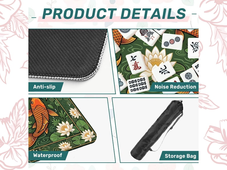 May include: Product details image showing a close-up of a black anti-slip surface, a green and white Mahjong mat with koi fish and lotus flowers, and a black storage bag. The mat is waterproof and designed for noise reduction.
