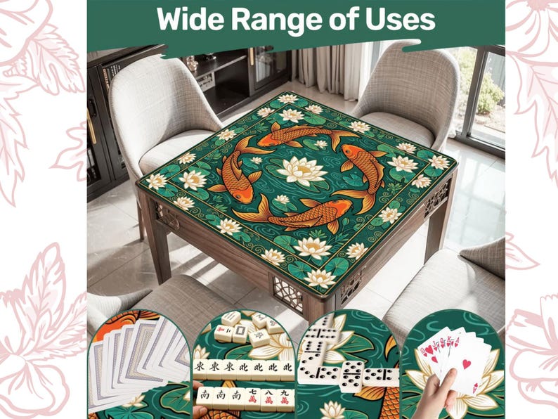 Yin Yang Koi Fish Mahjong Mat, Lotus Flower Zen Gaming Mat, Oriental Tabletop Gift, Cute Japanese Gaming Mat (Carrying Bag) image 6