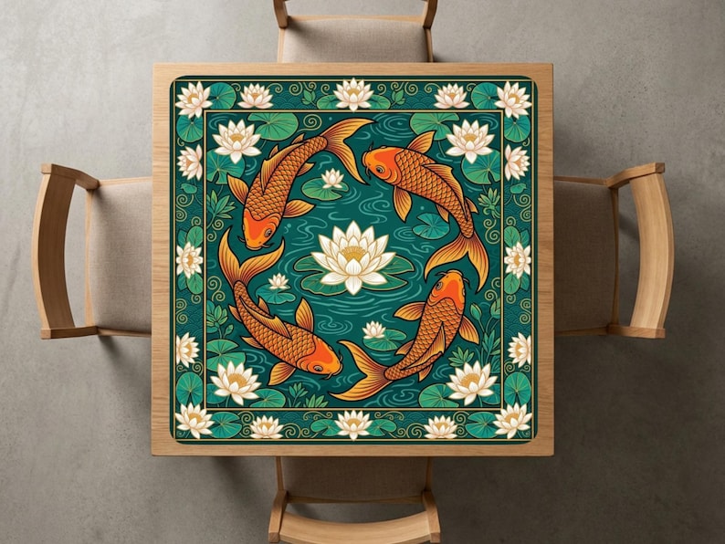 May include: A square table mat featuring a detailed illustration of four orange koi fish swimming in a circle around a white lotus flower. The design includes green lily pads and white lotus flowers on a teal background.