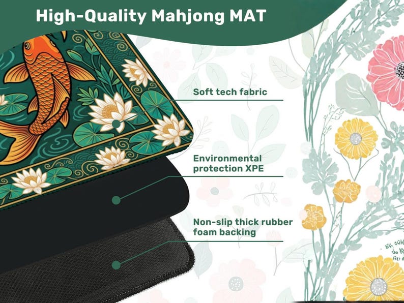 May include: A high-quality Mahjong mat with a detailed design featuring a koi fish, water lilies, and a green and gold border. The mat has a soft tech fabric, environmental protection XPE, and a non-slip thick rubber foam backing.