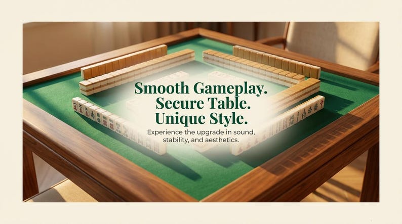 May include: A wooden mahjong table with a green felt surface and wooden tiles arranged for play. The text on the image reads "Smooth Gameplay. Secure Table. Unique Style."