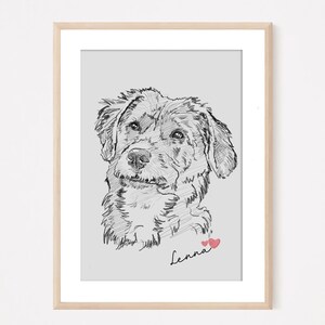 K&ouml;nnte beinhalten: Eine Schwarzwei&szlig;zeichnung eines Hundes mit dem Namen "Lenna" unter dem Bild. Zwei kleine rosa Herzen befinden sich &uuml;ber dem Namen.