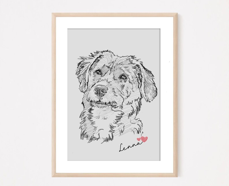 K&ouml;nnte beinhalten: Eine Schwarzwei&szlig;zeichnung eines Hundes mit dem Namen "Lenna" unter dem Bild. Zwei kleine rosa Herzen befinden sich &uuml;ber dem Namen.