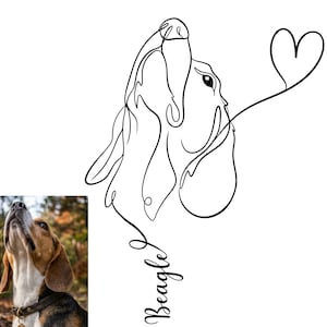 May include: A black and white line art illustration of a beagle dog looking upward with a heart shape extending from its snout, accompanied by the word Beagle written in a cursive script font, alongside a small color photograph of a beagle dog.