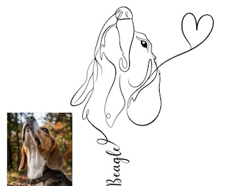 Tatuaggio personalizzato per animali domestici con linee sottili, ritratto commemorativo digitale di una silhouette di cane disegnata a mano.