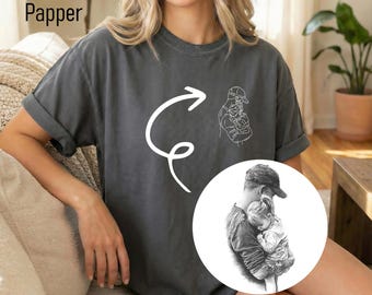 Camiseta personalizada con dibujo lineal para papá, regalo con contorno de foto personalizado, camiseta para el Día del Padre, camiseta minimalista con boceto familiar.