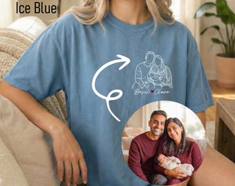 Camiseta personalizada con retrato familiar, foto de contorno, arte lineal, cuello redondo, retrato personalizado a partir de foto, camiseta personalizada con arte lineal, foto de contorno