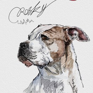 K&ouml;nnte beinhalten: Aquarell-Illustration eines wei&szlig;en und braunen Hundes mit einem roten Herzluftballon &uuml;ber seinem Kopf. Der Name des Hundes, "Rosky", ist in Kursivschrift &uuml;ber dem Ballon geschrieben.