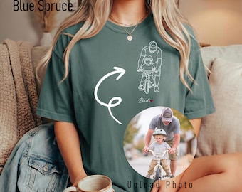 Camiseta personalizada para papá enseñando a su hijo a andar en bicicleta, camiseta con dibujo lineal personalizado, regalo para el Día del Padre, camiseta para momentos de aprendizaje en bicicleta, contorno de foto personalizado.