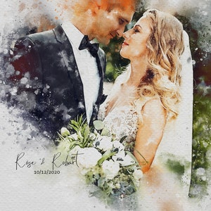 Wedding couple portrait, watercolor commission portrait from photo, illustration drawing wedding vow print, engagement painting from photo