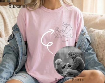 Camiseta con dibujo lineal personalizado, camiseta personalizada para el Día del Padre, camiseta con el contorno de la foto de papá, camiseta, regalo personalizado para papá, camiseta con boceto dibujado a mano