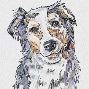 K&ouml;nnte beinhalten: Aquarellmalerei eines Hundekopfes. Der Hund hat schwarzes, wei&szlig;es und braunes Fell. Der Hund schaut nach rechts und hat einen fr&ouml;hlichen Gesichtsausdruck.