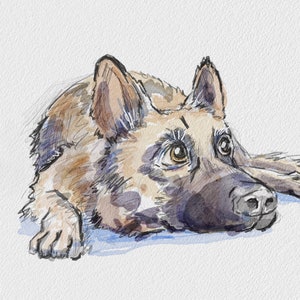 K&ouml;nnte beinhalten: Aquarellmalerei eines braun-schwarzen Deutschen Sch&auml;ferhundes, der mit dem Kopf zur Seite gedreht daliegt und mit einem neugierigen Ausdruck nach oben schaut. Das Fell des Hundes ist mit hell- und dunkelbraunen Strichen detailliert, und seine Augen sind leuchtend gelb.