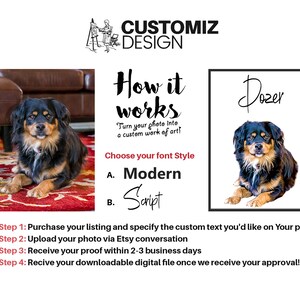 K&ouml;nnte beinhalten: Eine digitale Illustration eines Hundes mit dem Namen "Dozer" dar&uuml;ber. Die Illustration ist im modernen Stil gehalten. Der Text "How it works" ist in einer Schreibschrift geschrieben. Der Text "Turn your photo into a custom work of art!" steht unter dem Titel. Der Text "Choose your font style" steht unter dem Text. Der Text "A. Modern" und "B. Script" steht unter dem Text. Der Text "Step 1: Purchase your listing and specify the custom text you'd like on your print" steht unter dem Text. Der Text "Step 2: Upload your photo via Etsy conversation" steht unter dem Text. Der Text "Step 3: Receive your proof within 2-3 business days" steht unter dem Text. Der Text "Step 4: Receive your downloadable digital file once we receive your approval!" steht unter dem Text.