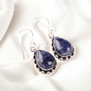 Natural Sodalite Earrings, Blue Gemstone Earrings, Drop & Dangle Earrings, 925 Sterling Silver Jewelry, Anniversary Gift, Earrings For Her