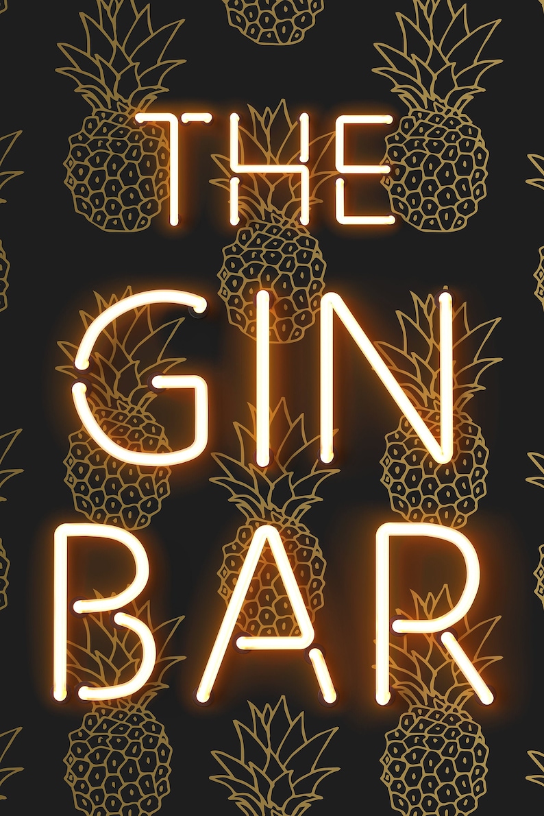 May include: A neon sign that reads "THE GIN BAR" in bright orange against a black background with gold pineapple illustrations. The sign's glowing letters stand out, creating a vibrant and inviting aesthetic.