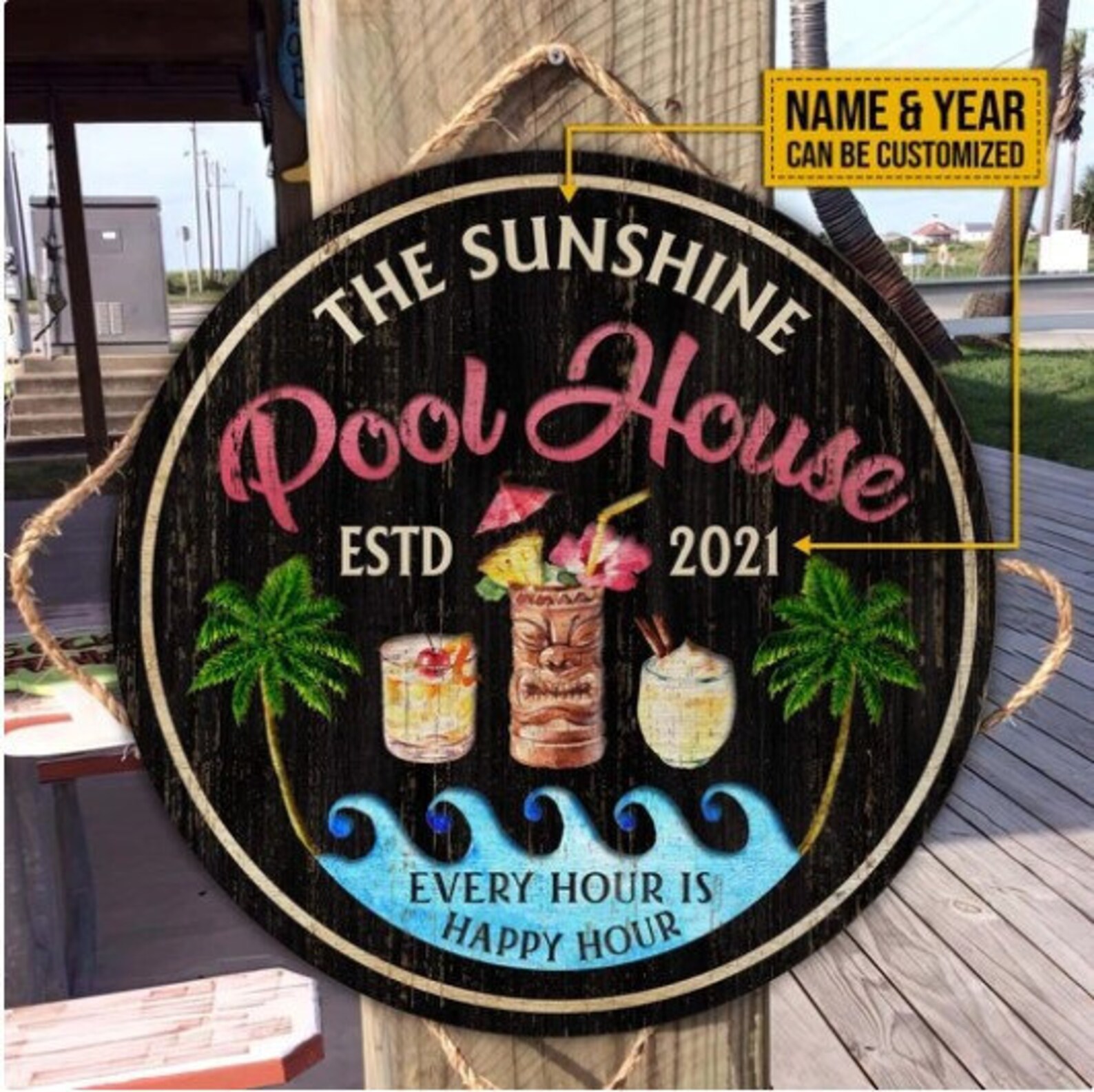 Personalized Pool House Wood Circle Sign Pool Bar Wood Sign Etsy