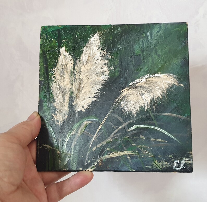 White Pampas Grass Original Painting California Pampas Grass homemade Artwork Small Oil Painting 6 by 6