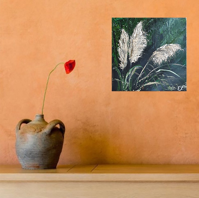 White Pampas Grass Original Painting California Pampas Grass homemade Artwork Small Oil Painting 6 by 6