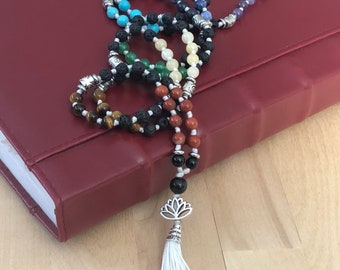7 Chakra Mala w/ Lotus Flower guru bead and hand made tassel 108 bead, Lava stone, Chakra stones meaning in descriptions, Ho'oponopono style